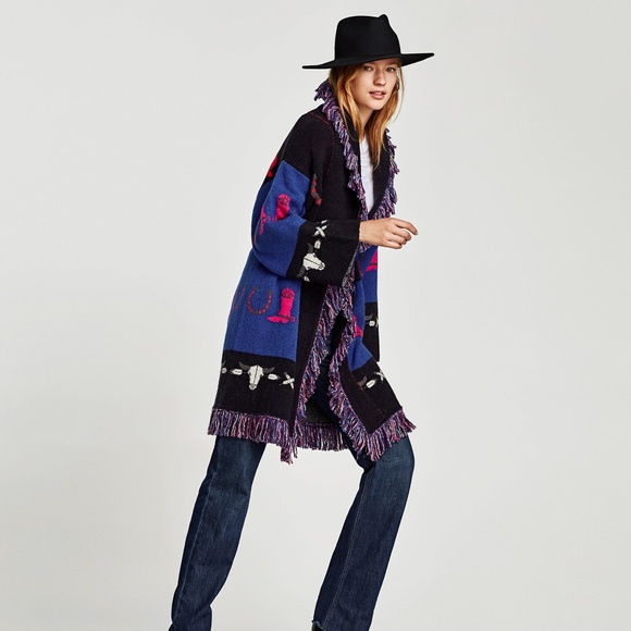 Zara Sweaters Zara Western Cowboy Jacquard Fringe Sweater Coat N